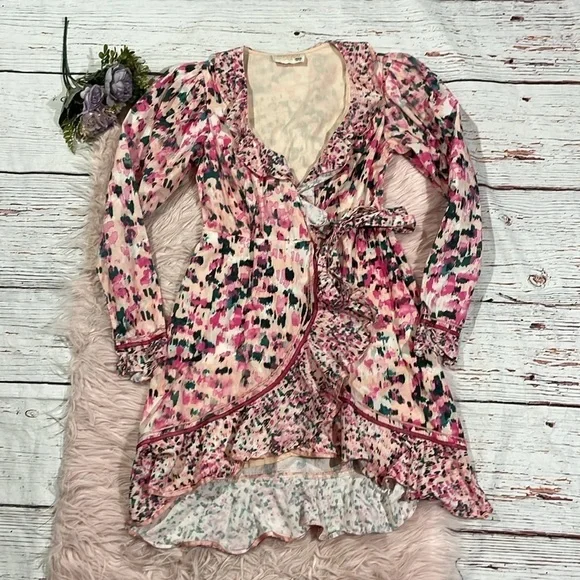 Rococo Sand Mimi Ruffle Trim Long Sleeve Mini Wrap Dress Pink Floral Barbiecore - Picture 2 of 11